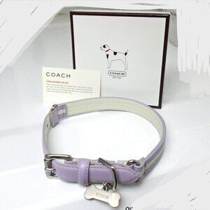 NEW COACH LEATHER PURPLE LILAC WHITE STRIPED DOG PET COLLAR 4352 SIZE MEDIUM